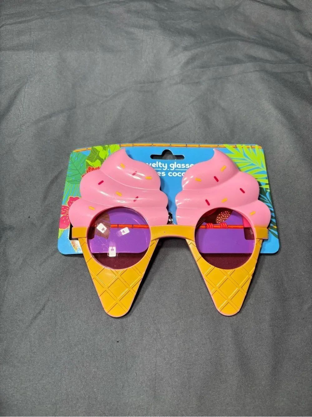 New Novelty Ice Cream Cone Sunglasses - Pink & Yellow with Purple Lenses